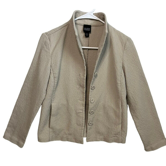 Eileen Fisher Gauzy Texture Blazer Jacket Pockets Minimalist Beige Size XS - Picture 2 of 13